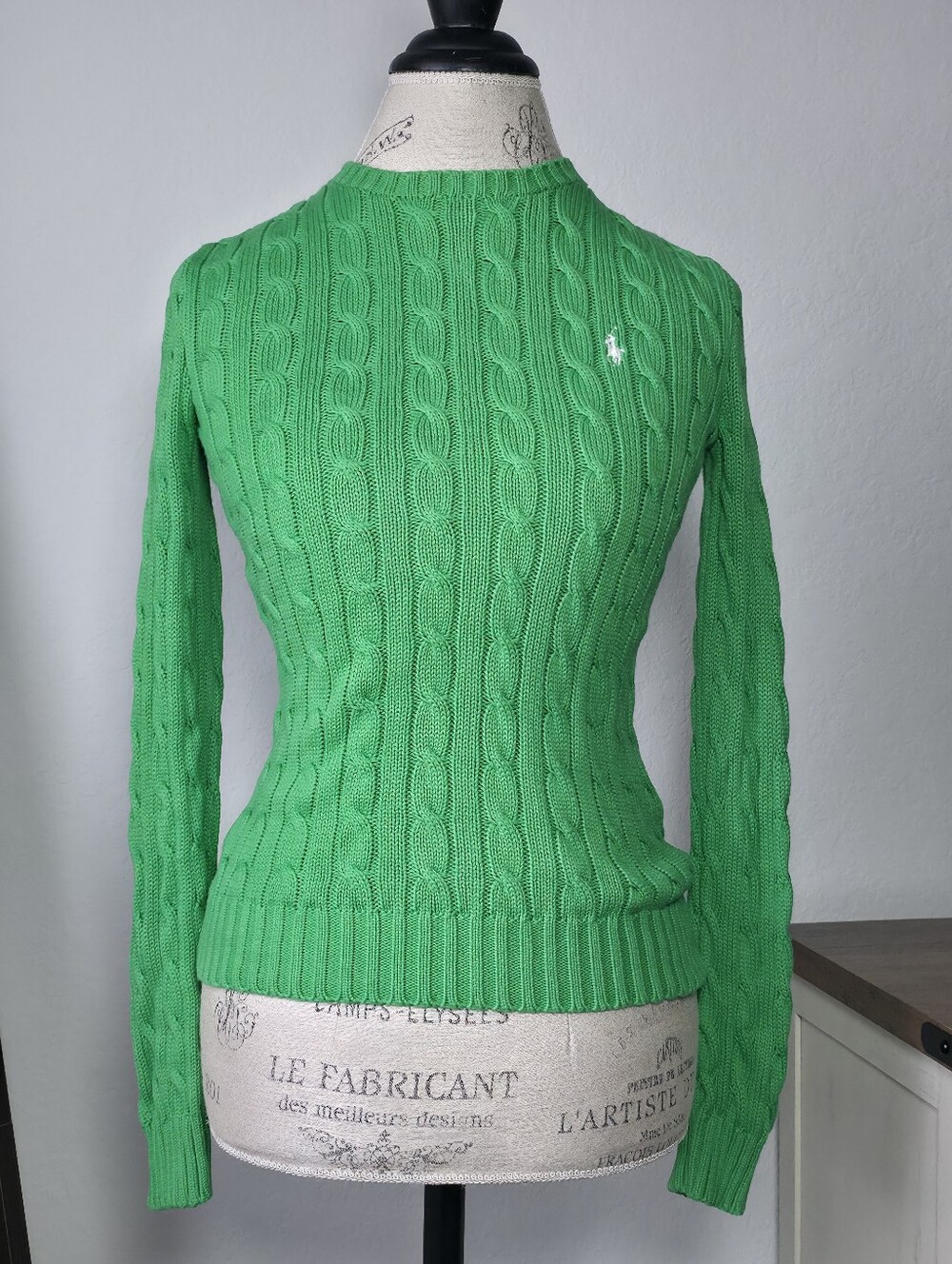 Vintage Ralph Lauren Cable Knit Cotton Crewneck Sweater Green Polo Size XS
